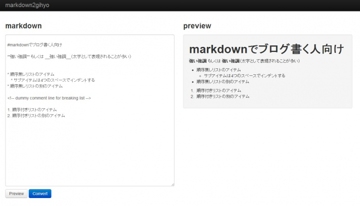 オンラインでMarkdown記法で書いてHTMLに変換、プレビューできるサイト。markdown2gihyo