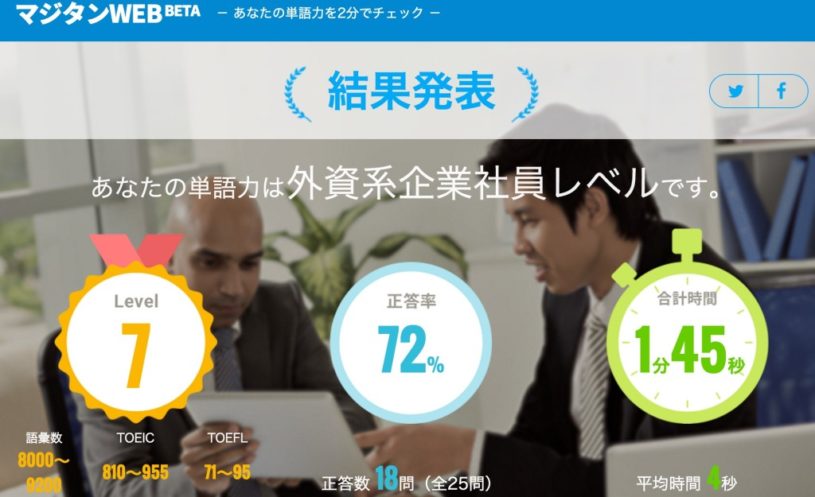 Web上で英語の単語力チェックテストが出来るマジタンWEB βがおもしろい