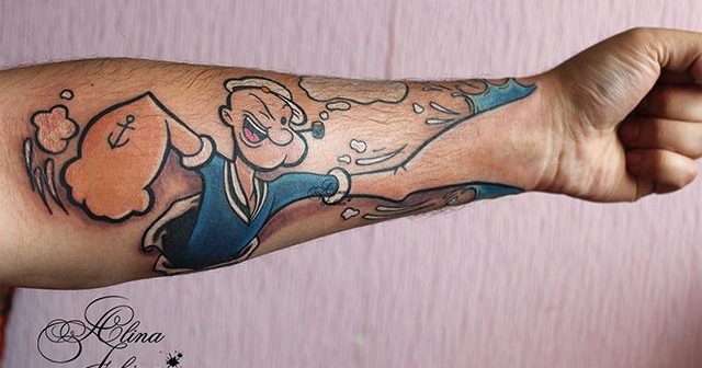 かわいすぎるポパイの刺青強力なパンチを表現