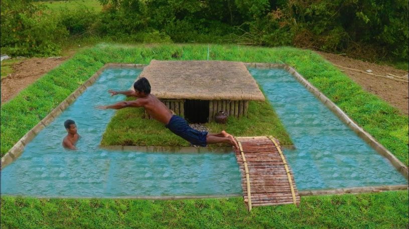 超すごい！秘密の地下家と周りのプールを手作業で建てる