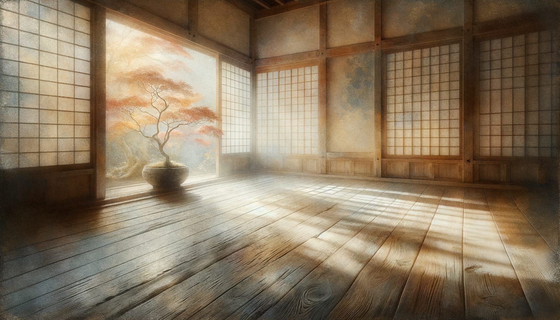 秋の静かな空間、古びた木の床、窓から差し込む透明な光、水彩のにじみ