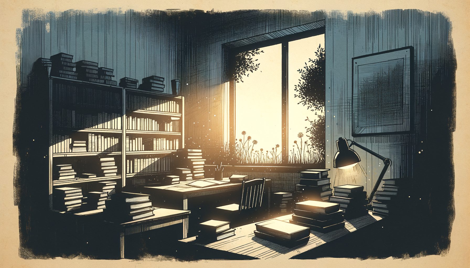 夕暮れの静かな書斎、窓から柔らかな光が差し込む、積まれた本、落ち着いた雰囲気、16:9