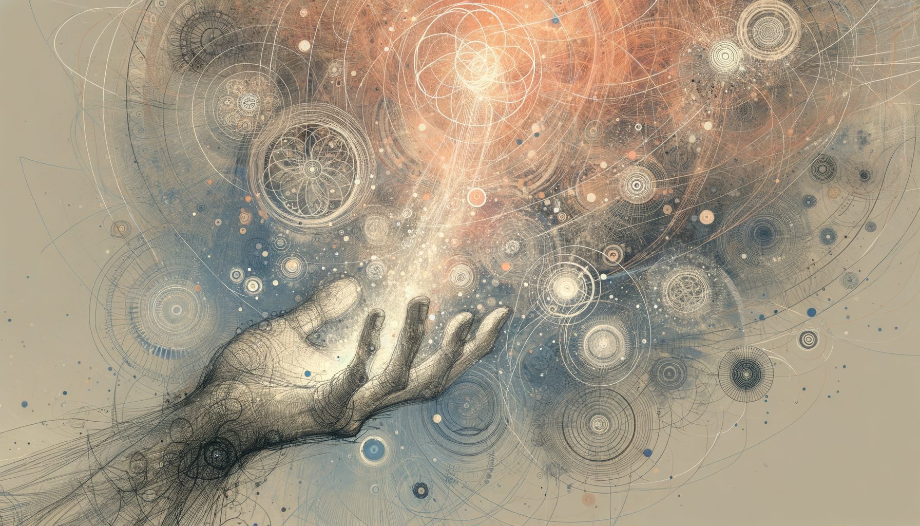 自分の手が光のアシストを受けて、より複雑で美しい図形を描いているような、抽象的でポジティブなイメージ、16:9