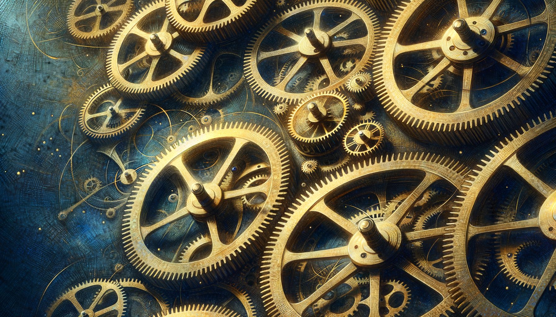 緻密に組み合わされた金色の時計の歯車が、青い光に照らされて静かに回っている様子。高級感のあるマクロ撮影、16:9