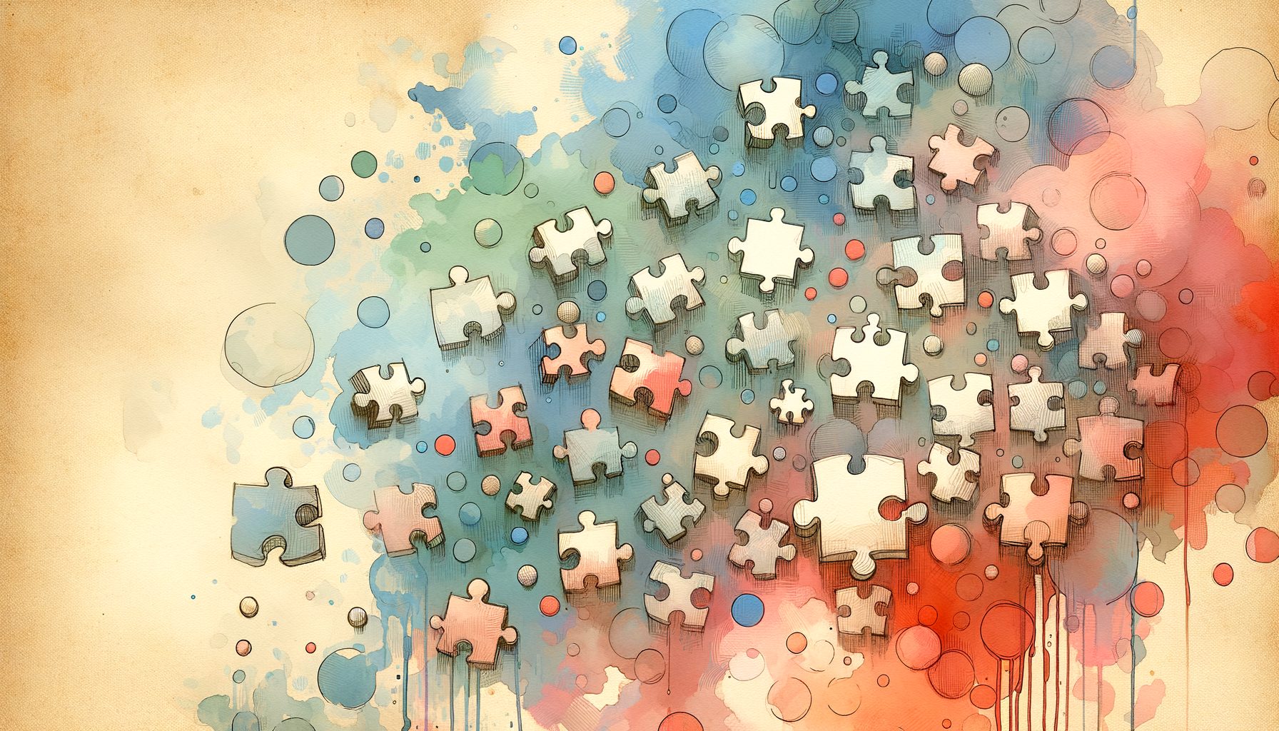 散らばっていたピースが一つずつ収まるべき場所に収まっていく、静かな整理のイメージ、水彩画、16:9