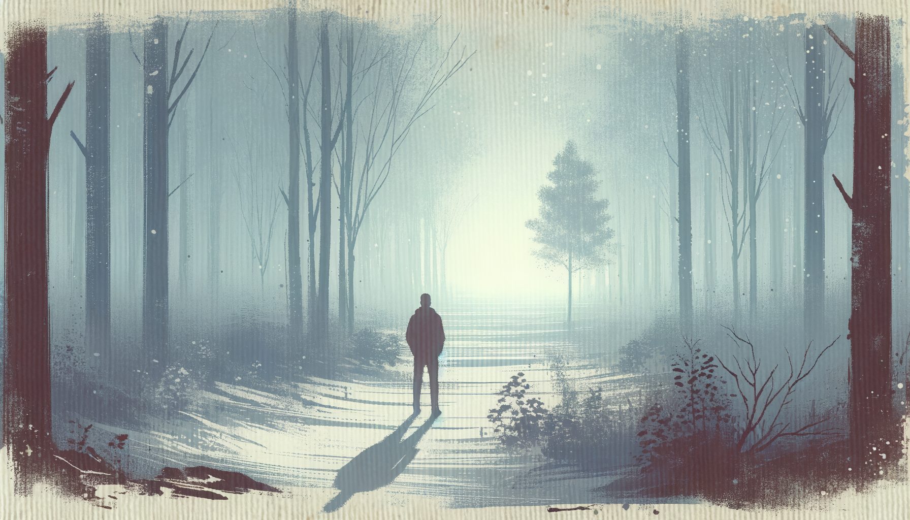霧の立ち込める森の中で、遠くの光を眺めながら立ち尽くす一人の人影。静かな不安、水彩、16:9