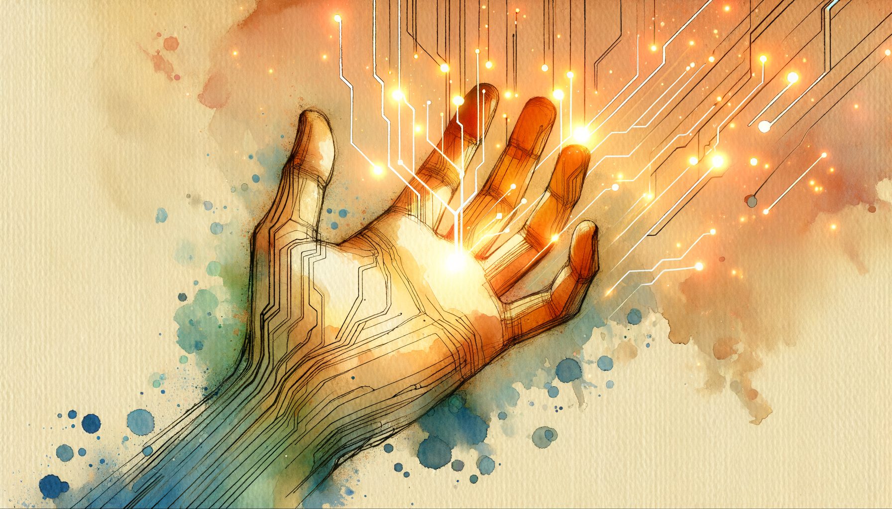 自分の手のひらから、温かな光の回路が伸びて世界を再構築していくような、希望を感じさせる水彩画、16:9
