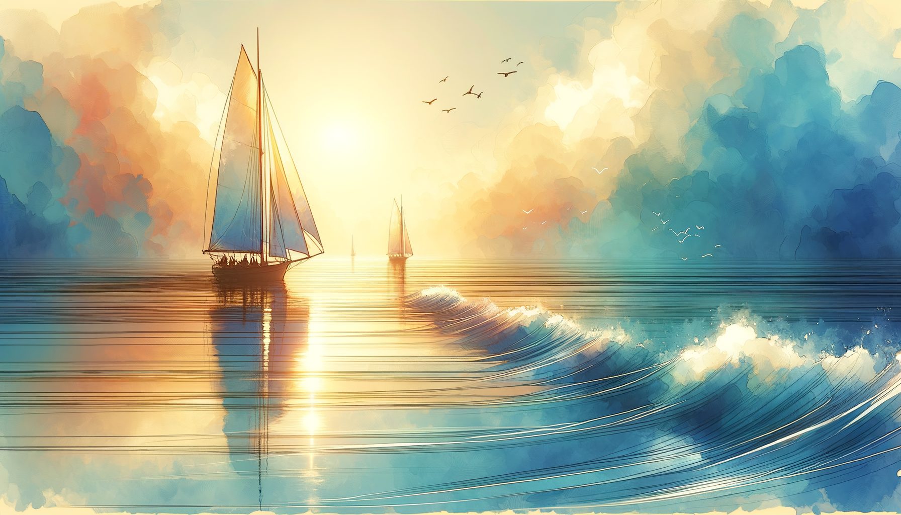 穏やかな海面にヨットが浮かび、明るい旋律が風に乗って流れてくる様子。明るい水彩、16:9