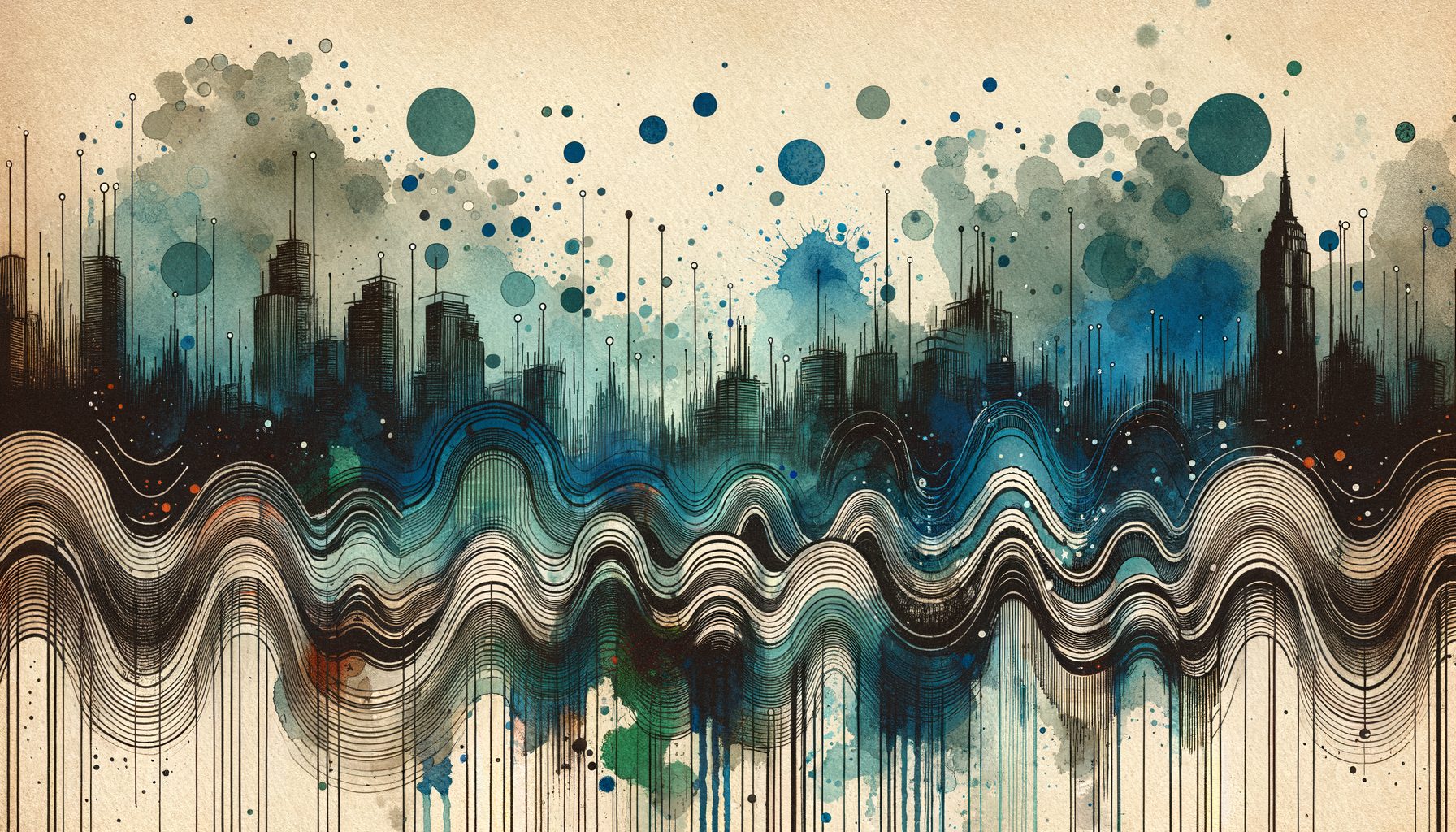 Abstract jungle breakbeat energy with layered percussion waves and urban night texture, 16:9 watercolor illustration