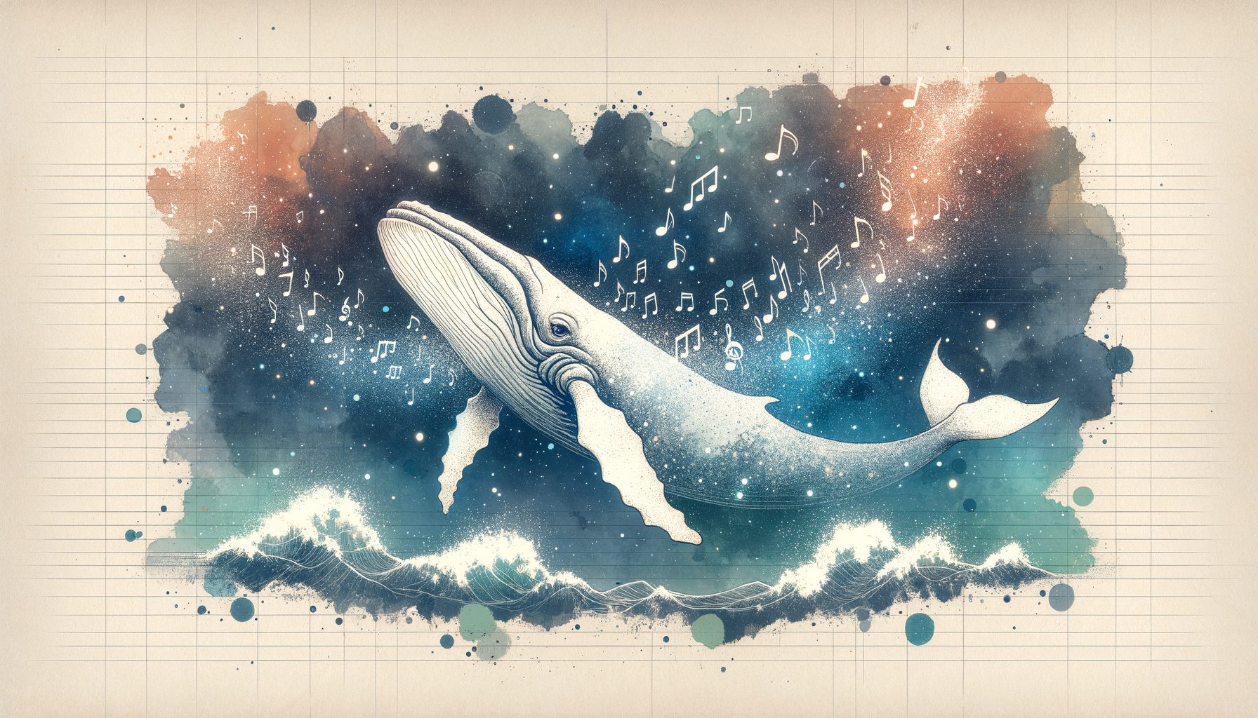 巨大な宇宙のクジラが、音符の星屑を飲み込みながら泳いでいる、壮大なエンディング。繊細な水彩、16:9