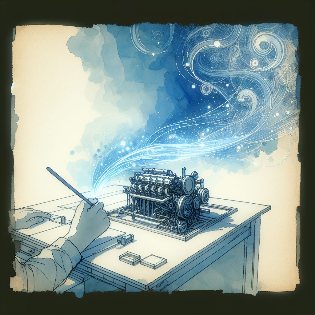 デジタルな作業机の上で、新しいエンジンのパーツが組み上がり、青い光（Googleのカラー）が充満していく情景。繊細な水彩画、16:9