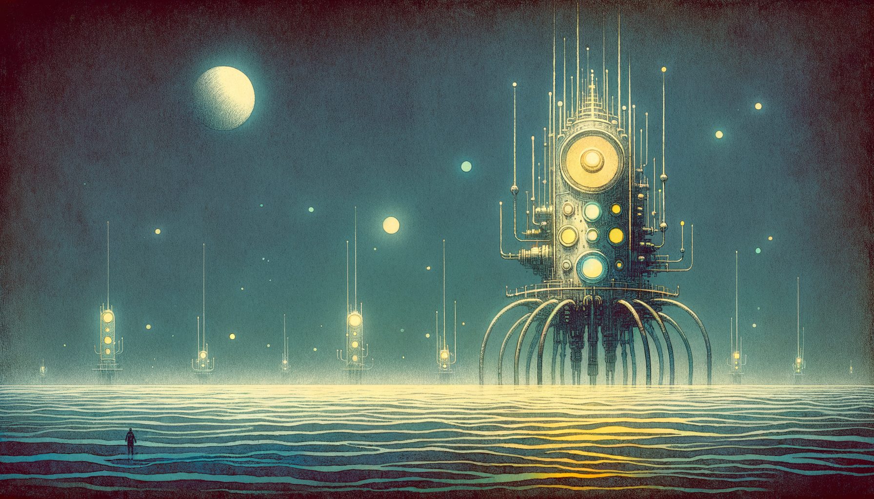 深い海の底で、発光する奇妙な機械が微かな音を立てている、神秘的で不穏なイメージ。水彩画、にじみ、16:9