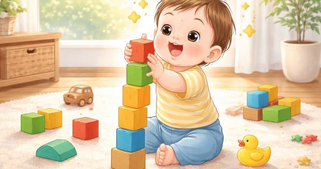 もうすぐ1歳になる赤ちゃん、積み木を重ねられるようになった