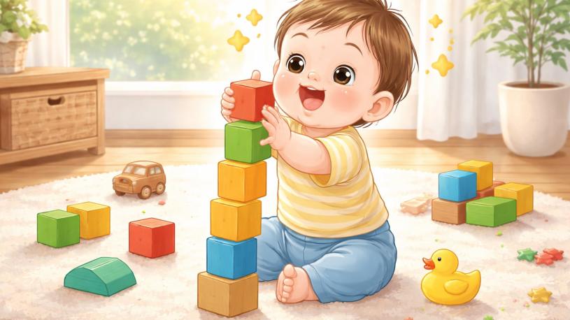 もうすぐ1歳になる赤ちゃん、積み木を重ねられるようになった